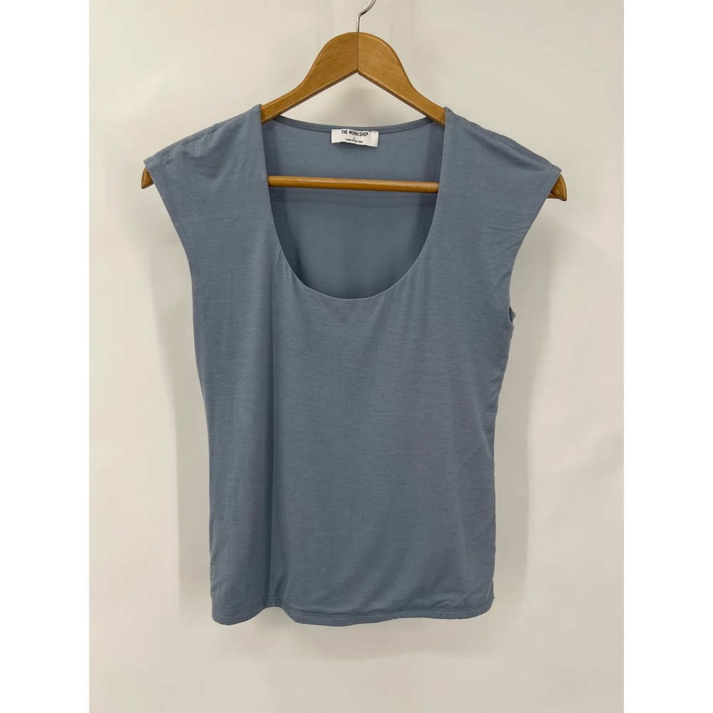 The Workshop Womens L Dusty Blue Scoop Neck Cap Sleeve Jersey Top‎ Feminine
